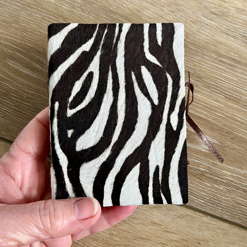 Jumbo handmade journal in zebra print hair-on-hide leather - blank pages